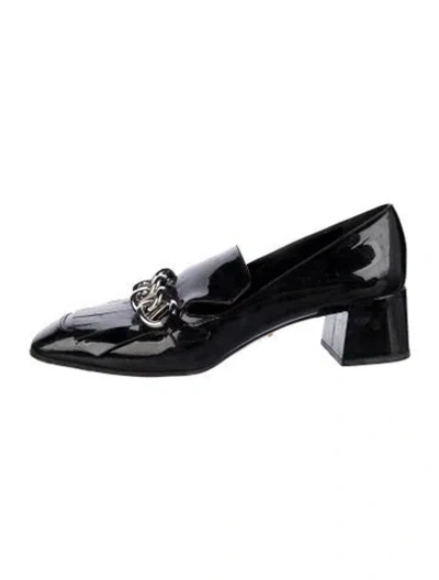 Pre-owned Prada Enameled Metal Triangle Patent Leather Pumps In Black