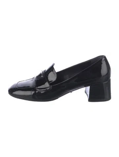 Pre-owned Prada Enameled Metal Triangle Patent Leather Pumps In Black