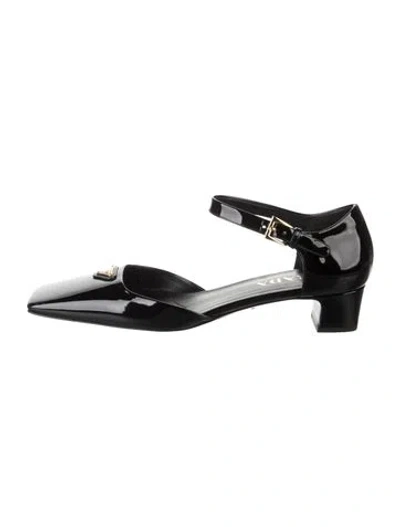 Pre-owned Prada Enameled Metal Triangle Patent Leather Pumps In Black
