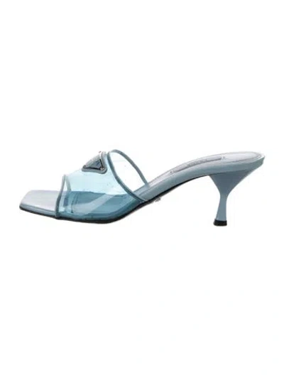 Pre-owned Prada Enameled Metal Triangle Patent Leather Slides In Blue
