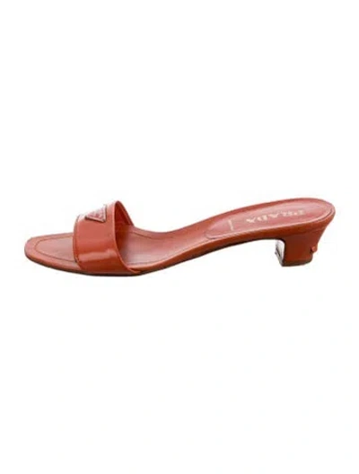Pre-owned Prada Enameled Metal Triangle Patent Leather Slides In Orange