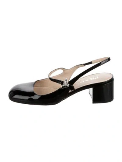 Pre-owned Prada Enameled Metal Triangle Patent Leather Slingback Flats In Black