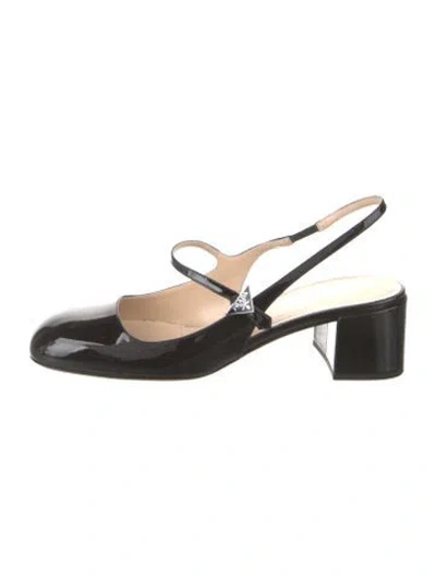 Pre-owned Prada Enameled Metal Triangle Patent Leather Slingback Pumps In Black