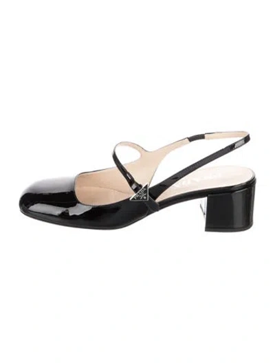 Pre-owned Prada Enameled Metal Triangle Patent Leather Slingback Pumps In Black
