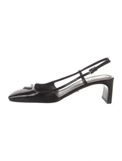 Pre-owned Prada Enameled Metal Triangle Patent Leather Slingback Pumps In Black