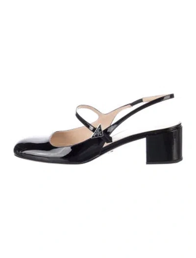 Pre-owned Prada Enameled Metal Triangle Patent Leather Slingback Pumps In Black