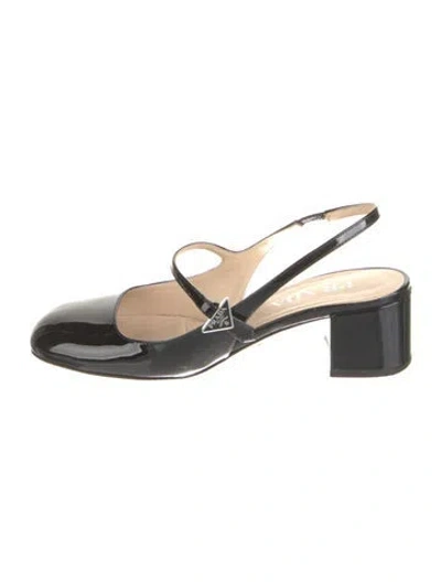Pre-owned Prada Enameled Metal Triangle Patent Leather Slingback Pumps In Black