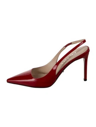 Pre-owned Prada Enameled Metal Triangle Patent Leather Slingback Pumps In Red