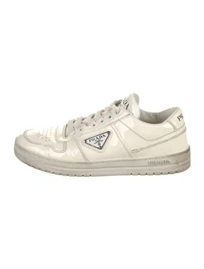 Pre-owned Prada Enameled Metal Triangle Patent Leather Sneakers In Neutral