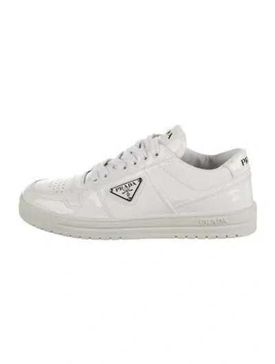 Pre-owned Prada Enameled Metal Triangle Patent Leather Sneakers In White