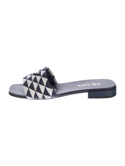Pre-owned Prada Enameled Metal Triangle Patterned Mules In Blue