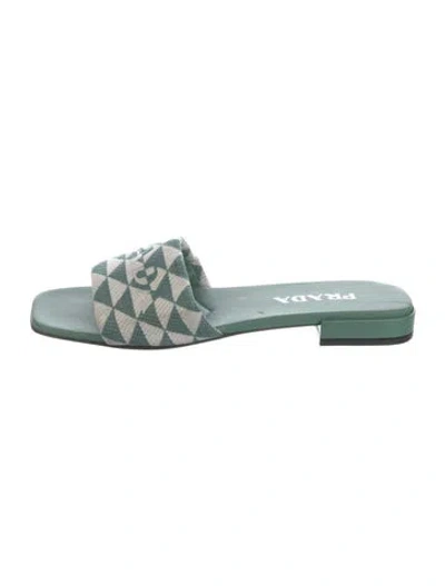 Pre-owned Prada Enameled Metal Triangle Patterned Slides In Green