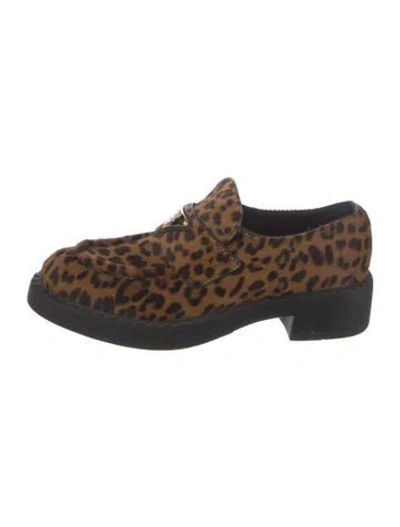 Pre-owned Prada Enameled Metal Triangle Ponyhair Loafers In Brown