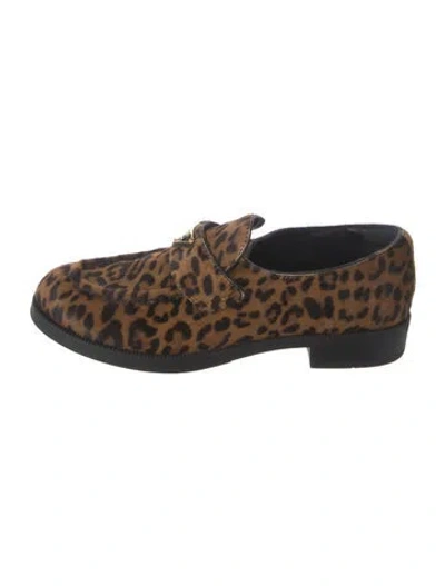 Pre-owned Prada Enameled Metal Triangle Ponyhair Loafers In Brown