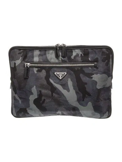 Pre-owned Prada Enameled Metal Triangle Portfolio In Grey