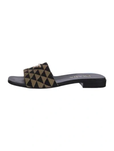 Pre-owned Prada Enameled Metal Triangle Printed Slides In Black