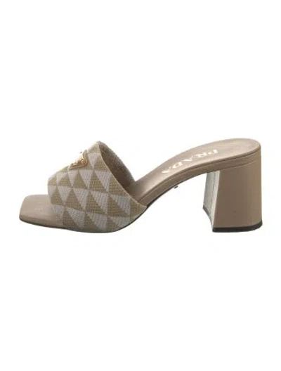 Pre-owned Prada Enameled Metal Triangle Printed Slides In Neutral