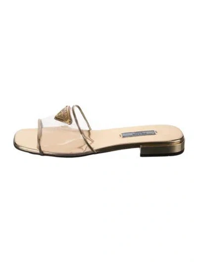 Pre-owned Prada Enameled Metal Triangle Pvc Slides In Black/neutrals