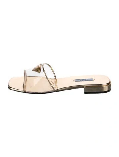 Pre-owned Prada Enameled Metal Triangle Pvc Slides In Clear/gold