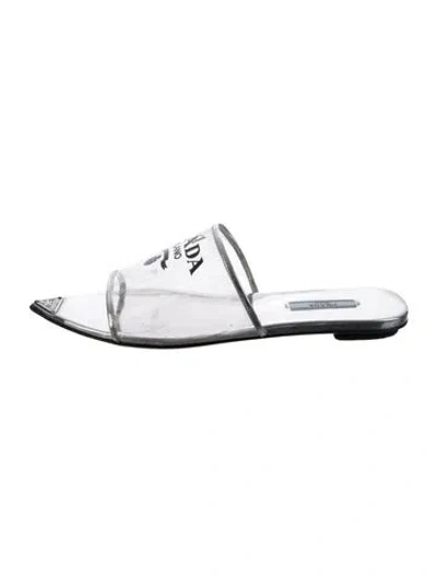 Pre-owned Prada Enameled Metal Triangle Pvc Slides In Clear/silver
