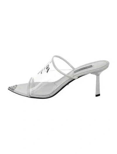 Pre-owned Prada Enameled Metal Triangle Pvc Slides In Clear/white