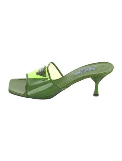 Pre-owned Prada Enameled Metal Triangle Pvc Slides In Green