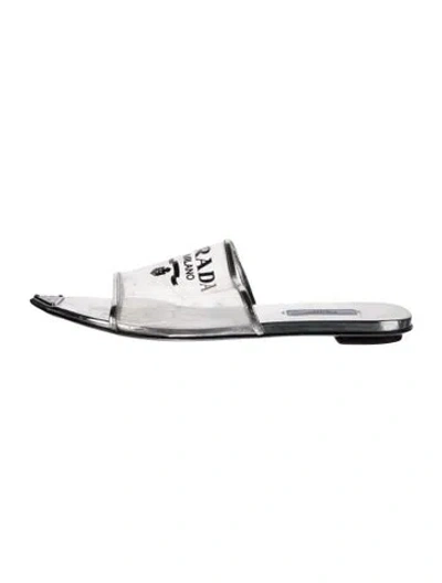 Pre-owned Prada Enameled Metal Triangle Pvc Slides In Silver