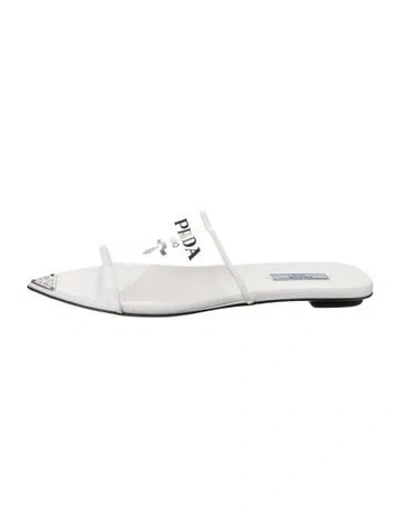 Pre-owned Prada Enameled Metal Triangle Pvc Slides In White