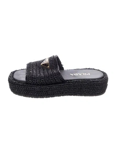 Pre-owned Prada Enameled Metal Triangle Raffia Espadrilles In Black