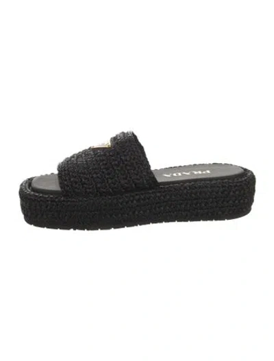 Pre-owned Prada Enameled Metal Triangle Raffia Espadrilles In Black