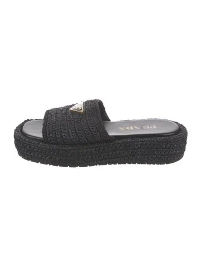 Pre-owned Prada Enameled Metal Triangle Raffia Espadrilles In Black