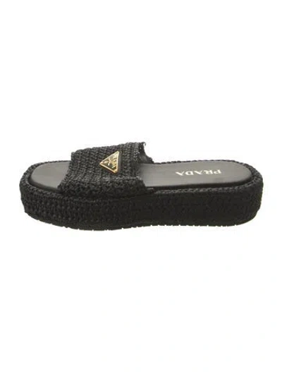 Pre-owned Prada Enameled Metal Triangle Raffia Espadrilles In Black