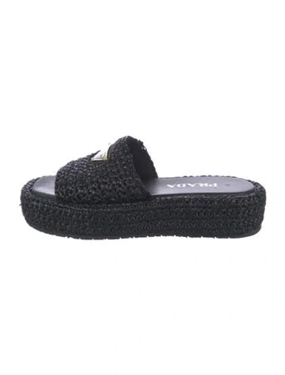 Pre-owned Prada Enameled Metal Triangle Raffia Espadrilles In Black