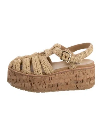 Pre-owned Prada Enameled Metal Triangle Raffia Espadrilles In Neutral