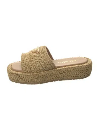 Pre-owned Prada Enameled Metal Triangle Raffia Espadrilles In Neutral