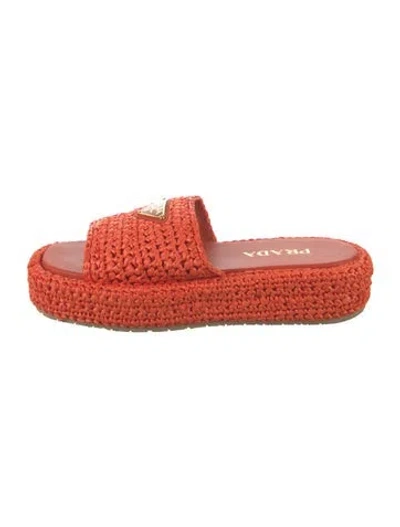 Pre-owned Prada Enameled Metal Triangle Raffia Espadrilles In Orange