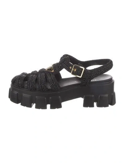 Pre-owned Prada Enameled Metal Triangle Raffia Gladiator Sandals In Black
