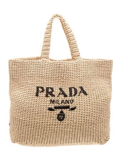 Pre-owned Prada Enameled Metal Triangle Raffia Logo Tote In Neutral