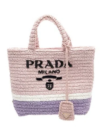 Pre-owned Prada Enameled Metal Triangle Raffia Logo Tote In Pink