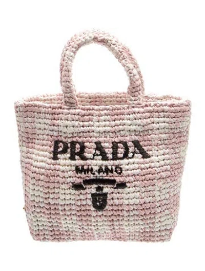 Pre-owned Prada Enameled Metal Triangle Raffia Logo Tote Small In Pink