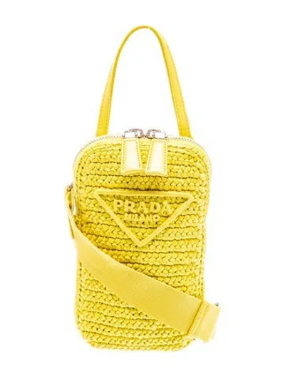 Pre-owned Prada Enameled Metal Triangle Raffia Phone Pouch In Green