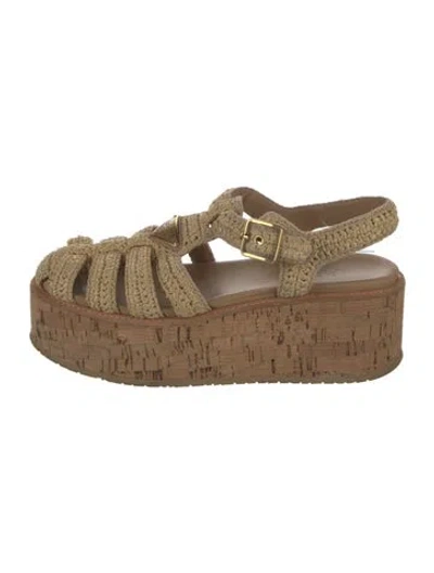 Pre-owned Prada Enameled Metal Triangle Raffia Sandals In Neutrals