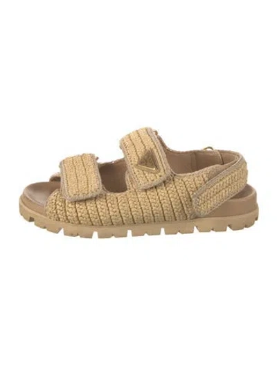 Pre-owned Prada Enameled Metal Triangle Raffia Sandals In Neutrals
