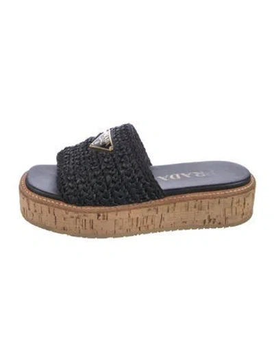 Pre-owned Prada Enameled Metal Triangle Raffia Slides In Black