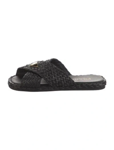 Pre-owned Prada Enameled Metal Triangle Raffia Slides In Black