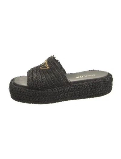 Pre-owned Prada Enameled Metal Triangle Raffia Slides In Black