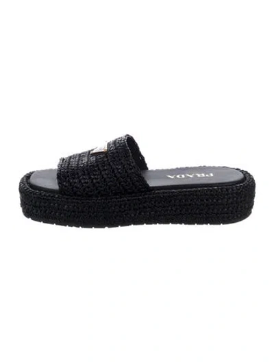 Pre-owned Prada Enameled Metal Triangle Raffia Slides In Black