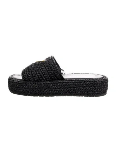Pre-owned Prada Enameled Metal Triangle Raffia Slides In Black