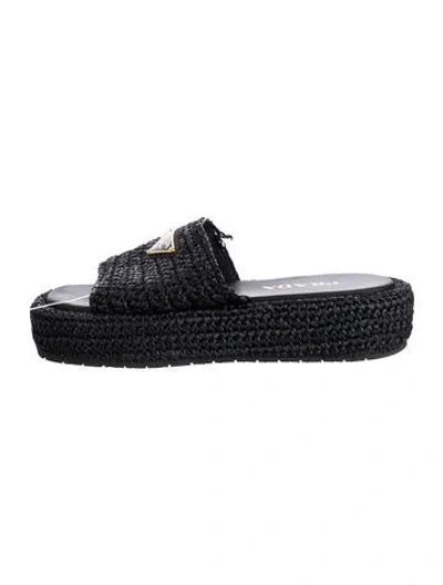 Pre-owned Prada Enameled Metal Triangle Raffia Slides In Black