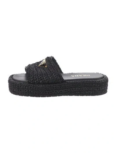 Pre-owned Prada Enameled Metal Triangle Raffia Slides In Black